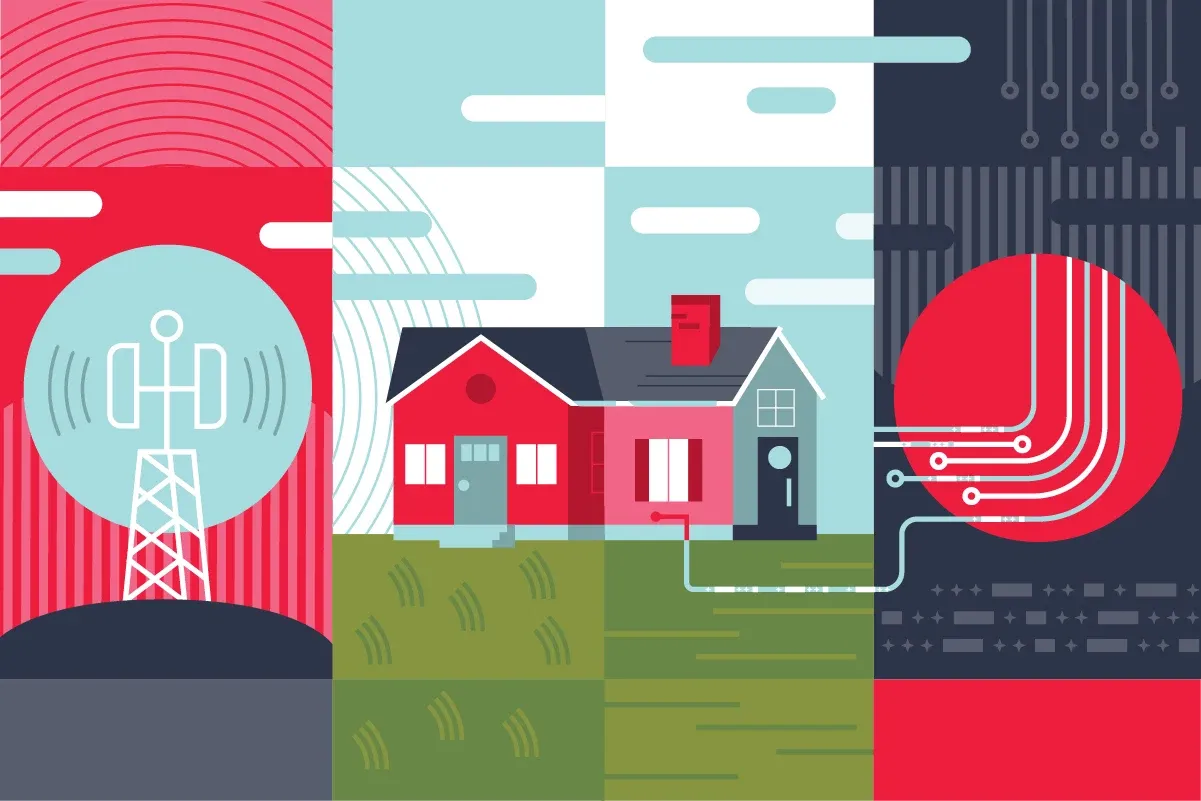 Graphic illustration of a house connected to fiber internet cables on one side and another house receiving wireless 5G signals from a cell tower.